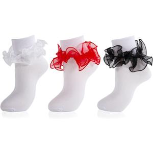 Women Ruffle Socks Lace Frilly Cotton Crew Socks Non-Slip Dress Socks Fold Cuff for Bride Pageant Sock For Women (White)