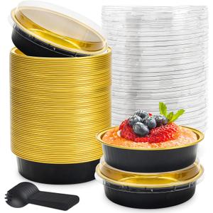 8 OZ Mini Cake Pans Disposable Ramekins with Lids Round Aluminum Mini Foil Cake Tins Baking Pans for Party Wedding Pudding (Black Gold, 25 Pack)