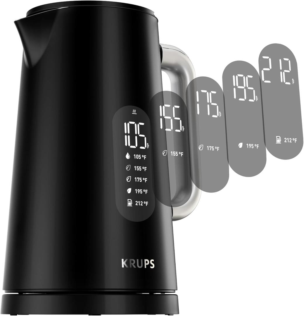 KRUPS Smart Temp Electric Kettle: 1.7L Capacity, 5 Precise Temperature Settings, Digital Display, Cool-Touch Exterior, Cordless Design for Tea and Coffee Lovers