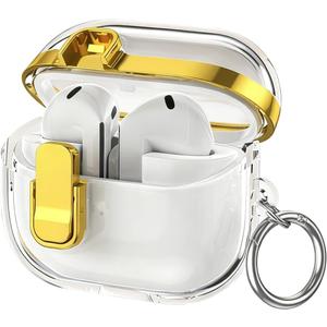 Miimall Compatible with Samsung Galaxy Buds 3/Buds 3pro/Buds3 FE Case with Secure Lock Clip, Clear Shockproof Electroplating Protective Cover for Galaxy Buds 3 / Buds3 pro/FE with Carabiner(Gold)