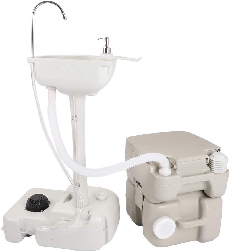 Portable Sink and Toilet, 5 Gal Hand Washing Station & 5.3 Gallon Flush Potty,for Outdoor,Camping, RV, Boat, Camper, Travel,Grey White