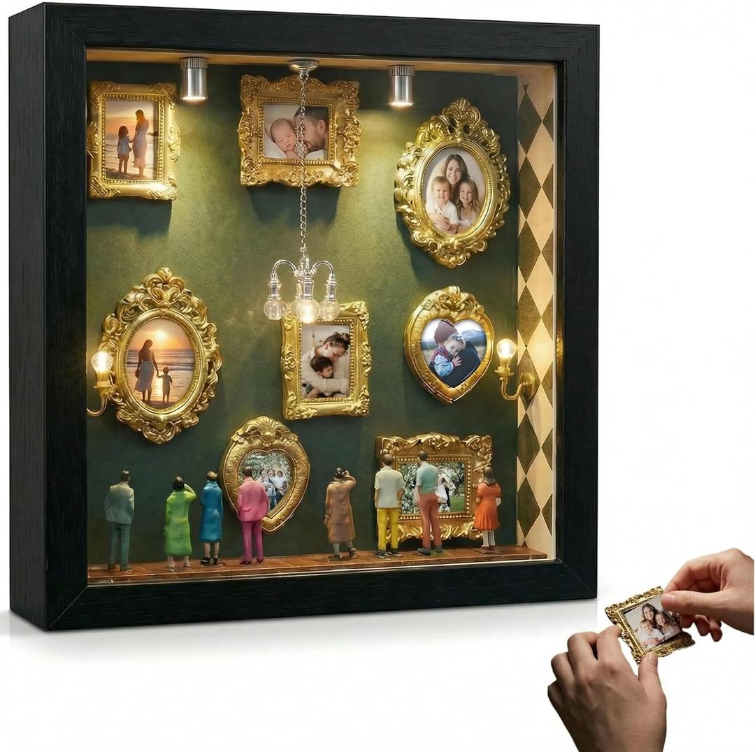 DIY Mini Museum Silhouette Box, Shadow Box Frame Set, Museum of Us Box with Gold Mini Picture Frames & Figurines for Mother's Day and Anniversary, Valentine's Day Gifts, Birthday (Black)
