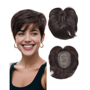 QUEENTAS Brown Short Hair Toppers for Women with Thinning Hair 3603D Cover with 3 Clips Hair Pieces Wispy Bangs 4.6"*3.6" Coverage(Dark Brown/#2) (4.5 Inch)