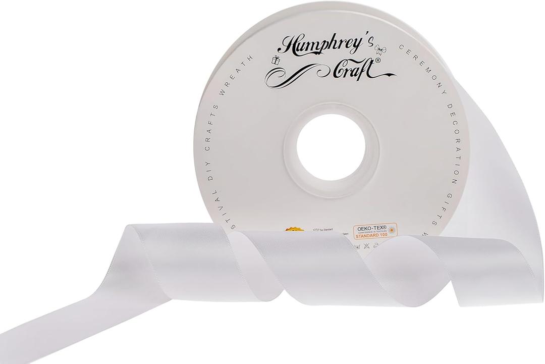 Humphrey's Craft 1-1/2 Inch Double Faced Satin Ribbon - Continuous 50 Yards, White Thick Satin Ribbon for Crafts, Gift Wrapping, Decoration Christmas Tree, Bridal Bouquet,Wedding,DIY Bows,Sewing Hat.