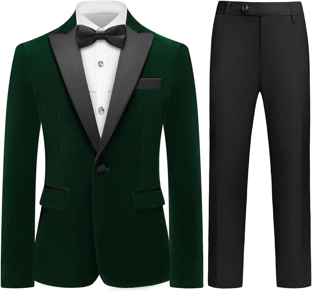 Lamgool Boys Velvet Suit Slim Fit 4 Piece Tuxedo Set with Blazer Jacket Dress Shirt Pant Bow Tie Kids Wedding Formal Outfit, 12Y