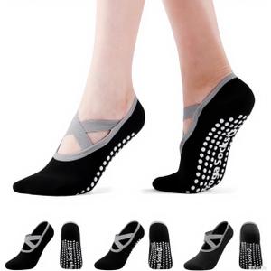 Marsoulina Yoga Socks Pilates Socks for Women 3 pairs Non-Slip Grips & Straps, Suitable For Pilates, Ballet, Dance, Plasticity, Training, gym, Home, hospital care, Foot care-All black