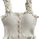 GORGLITTER Women's Pearl Knit Crop Tops Beaded Asymmetrical Button Down Sleeveless Sweater Vest (Medium, Apricot)