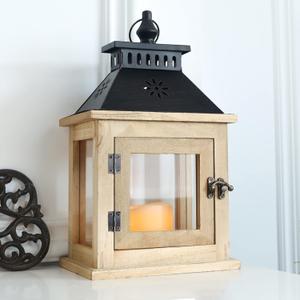 NEEDOMO 13" Farmhouse Decor Wooden Candle Lantern Indoor, Large Table Centerpiece Lanterns Decorative Outdoor, Hanging Rustic Candle Holders for Shelf Wedding Living Room Patio