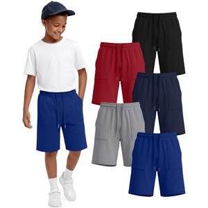 3 x Langyiwee 5 Pack Boys Shorts Kids Athletic Summer Knee Length Sweatshort Teen Drawstring for School Short Pocket 6-16Y(10-11 Years,Pure Red, Navy Blue, Black, Light Heather Gray, Royal Blue)