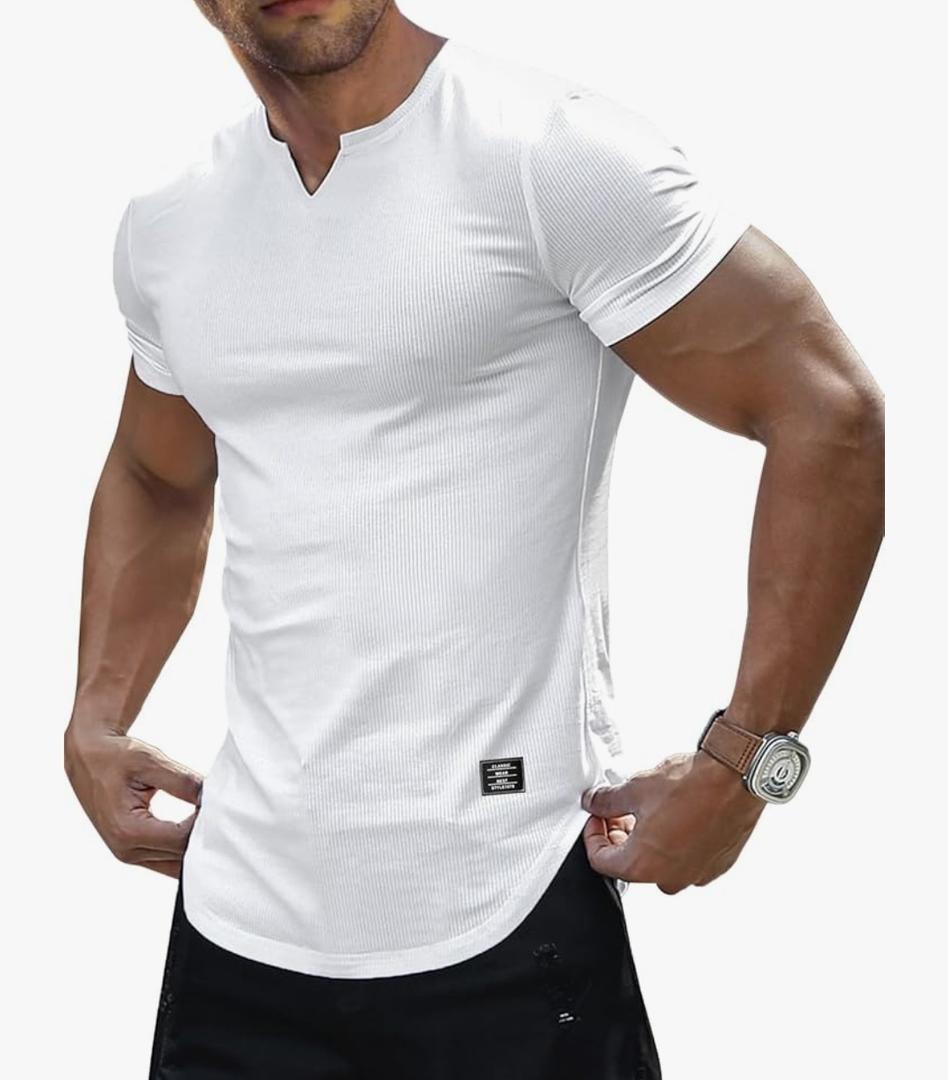 JMIERR Mens Muscle Slim T Shirts Texture V Neck Longline Henley Gym Workout Athletic Tee Shirt XL