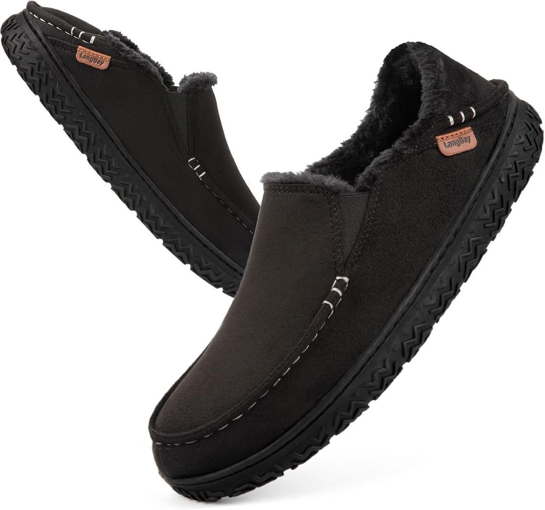 LongBay Men's Moccasin Slippers Comfy Warm Memory Foam House Shoes Winter for Indoor Outdoor (10, Carbon Black)