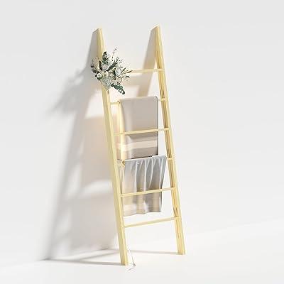 Blanket Ladder for Living Room 5-Tier Blanket Holder with Light, Wall-Leaning Blanket Rack, Ladder Shelves, Wooden Quilt Ladder, Farmhouse Decor for Bedroom Bathroom Home Decor (Wood)