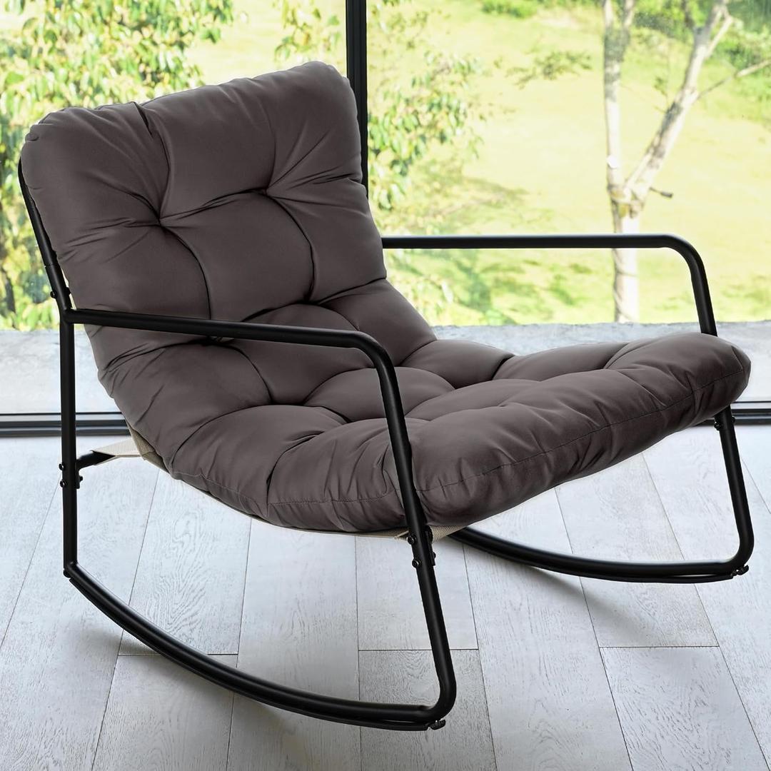 Outdoor Rocking Chair - Comfy Papasan Patio Lounge Chair with Thick Cushion, Sturdy Frame for Indoor Outdoor Use, Modern Accent Rocker Chair for Porch, Garden, Living Room (Grey)