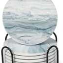 Acejoz Drink Coasters with Holder for Coffee Table, Absorbent Coasters Set of 6, Marble Style Ceramic Coaster for Wooden Table, Suitable for Kinds of Cups, Home Decor, 4 Inches(Blue)