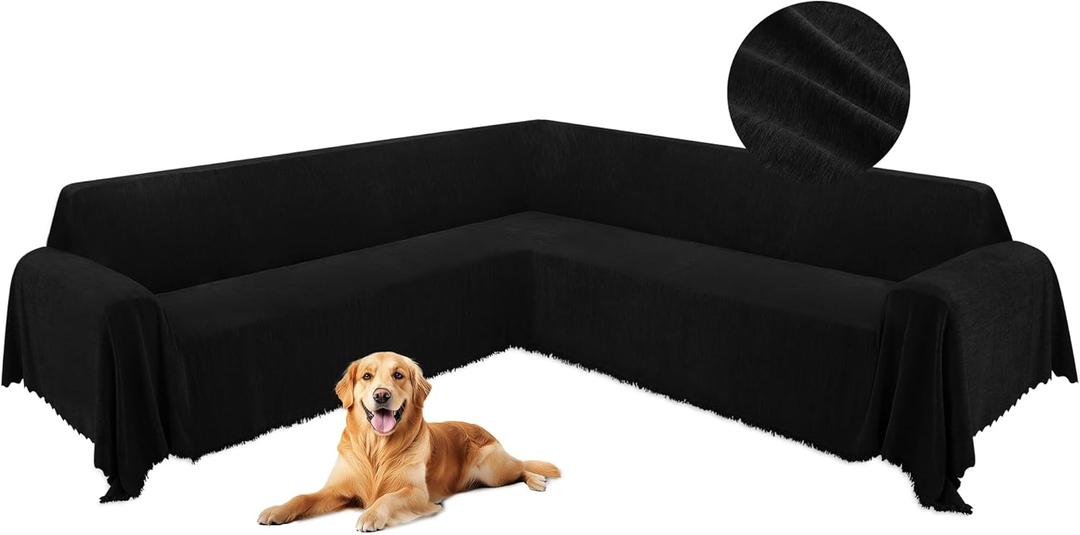 HDCAXKJ Corner Sectional Couch Covers for Dogs L Shape Sofa Cover with Tassel Chenille Super Soft Non Slip U Shaped Couch Cover Blanket Washable Sectional Slipcover Protector (Black, 71x212 inch)