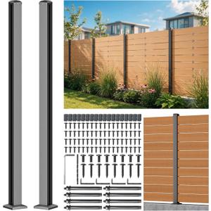 5FT 201 Stainless Steel Heavy Duty Fence Post for Wood Slats(Serial Post), Outdoor Ground Install Wooden Privacy Fence Panels Posts Matte Black 2Pack