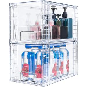 2 Pack Large Stackable Storage Drawers,Clear Acrylic Drawer Organizers with Handles, Easily Assemble for Kitchen Undersink,Bathroom,Cabinet,Makeup,Closet,Pantry,Organization and Storage