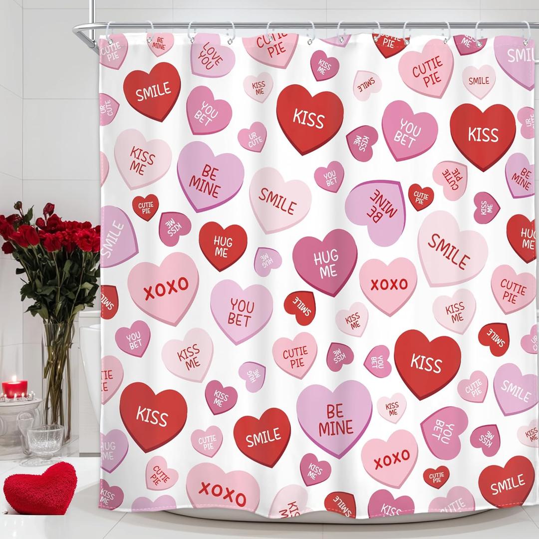 Homewelle Valentines Shower Curtain Pink Red Heart Valentines Love Theme Holiday Modern Cute Romantic Romance 72Wx72H Inch Couple Lovers Anniversary Waterproof Polyester Fabric Bathroom Bathtub