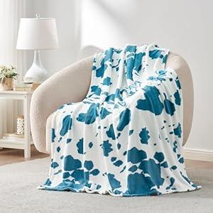 Cozy Bliss Cow Print Fuzzy Throw Blanket for Couch - Thick Soft Warm Non Shedding Fleece Blankets for Western Décor Room, for Kids, Women Men Girls, Teal Blue 50"*60"