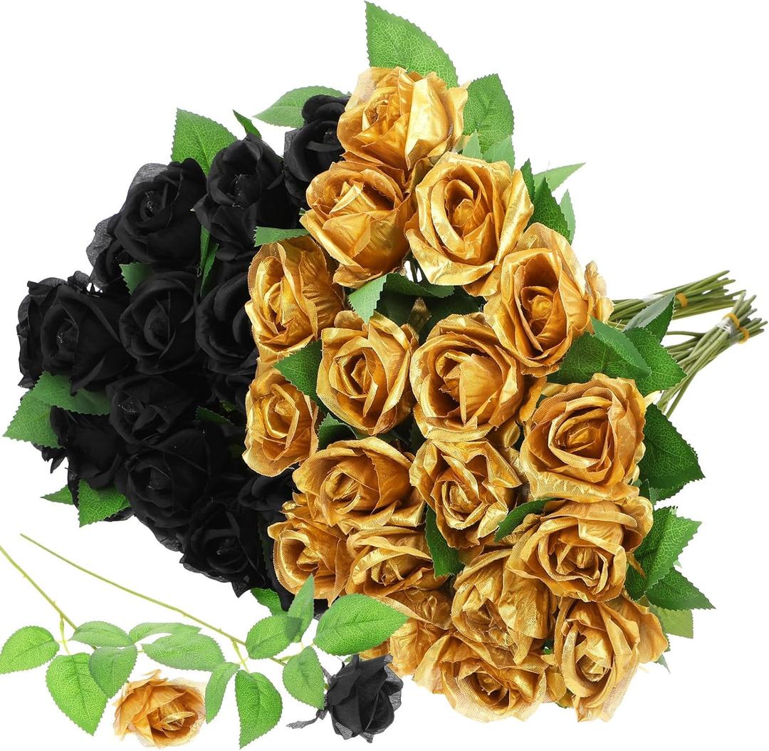 36 Pcs Black and Gold Flowers Centerpieces Silk Black and Gold Roses Bouquet Bridal Artificial Roses Bulk Fake Rose Long Stem Realistic Flowers for Wedding Bouquet Arrangement Centerpiece Party Decor