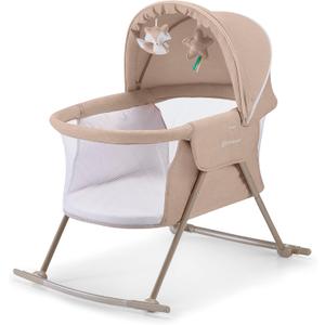 Kinderkraft LOVI Travel Bassinet for Baby, Portable Folding Baby Bed with Built-in Mosquito net, Adjustable Hood and an Additional Cradle Function, Beige