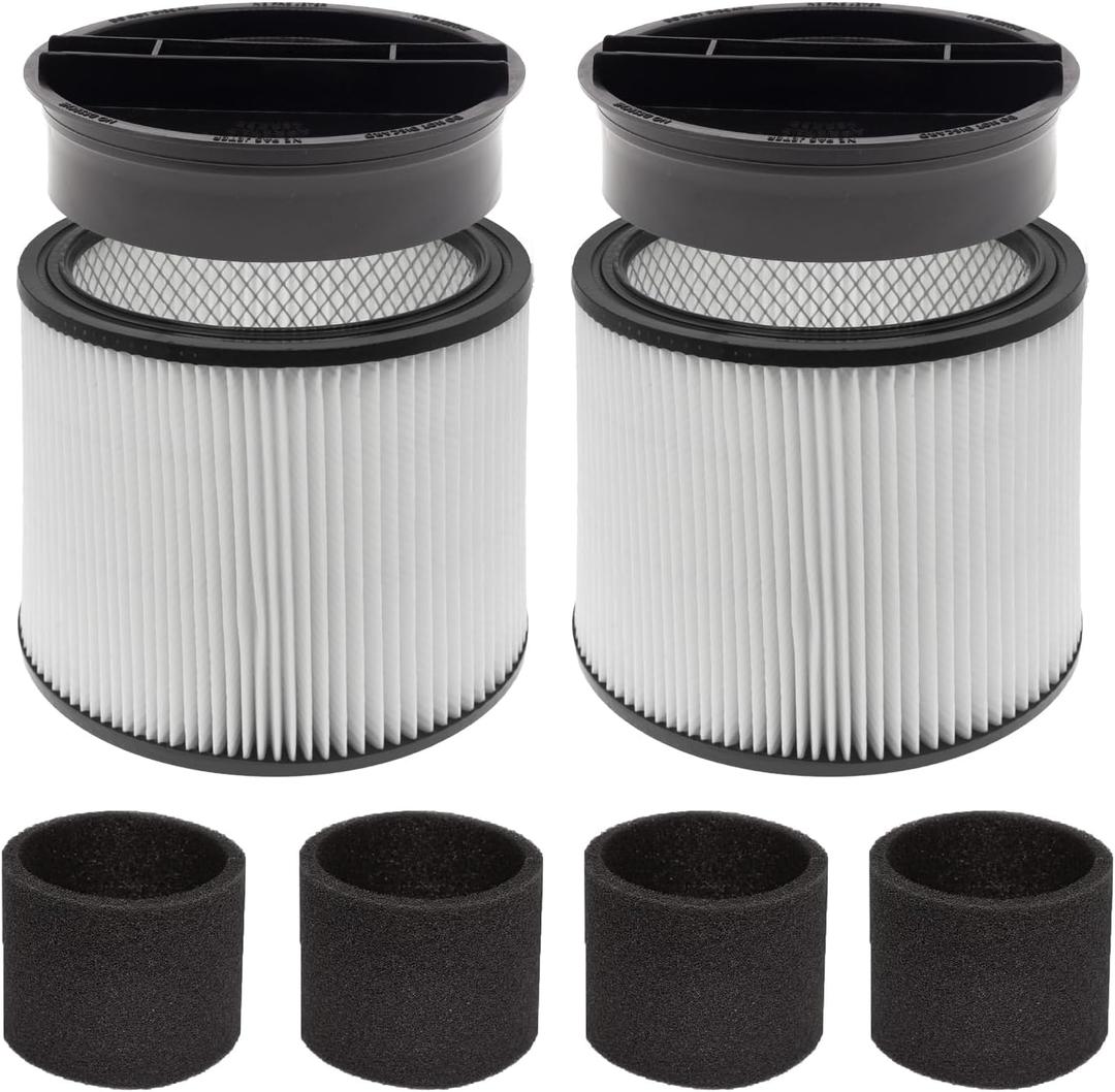 (2) 90304 HEPA Cartridge Replacement Filter with Lids + (4) 90585 Foam Sleeves, Compatible with Shop-Vac 90304, 90350, 90333, Shop Vac 903-04-00, 9030400, 90585, 5 Gallon up Wet/Dry Vacuum Cleaner