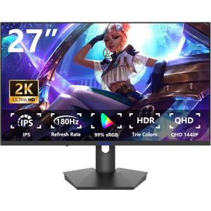 27 inch Gaming Computer Monitor, QHD 2560x1440, 180Hz,1ms, Height Adjustable ,Free Sync, sRGB 99% Color Gamut, HDR10,2X HDMI 2.0,2X Display Port, PC Monitor Support Wall Mount Install(75 * 75mm)