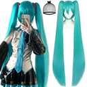 47inch/120cm Long Green Straight Cosplay Wig with 2 Ponytail Peluca Verde Wigs with Bangs for Women Anime Outfit Lolita Wig with Green Pigtails Wigs for Halloween Party Costume+Hair Cap