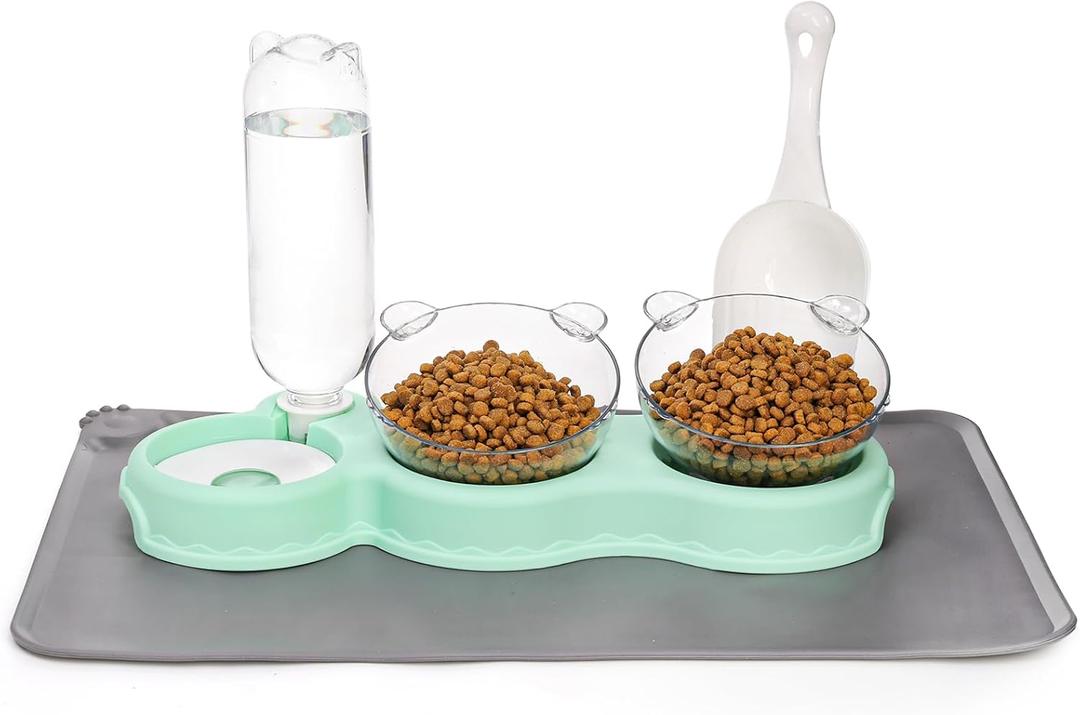 Cat Food Water Bowl, Triple Cats Bowls with Mat and Scoop, 15 Tilted Raised Cat Bowl Dishes with Automatic Water Bottle, Pet Feeding Bowls for Cats, Small Dogs, Wet, Dry Food
