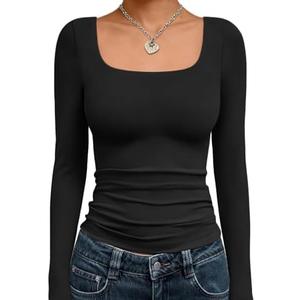 Trendy Queen Womens Long Sleeve Shirts Crop Tops Fall Fashion 2025 Square Neck Going Out Basics Tees Y2k Clothes M, Black