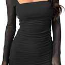 oten Women Mesh Long Sleeve Square Neck Mini Dress Sexy Ruched Bodycon Cocktail Club Party Short Dresses (Black) S