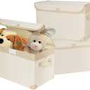 ANILD Large 17" 42 Quarts Linen Fabric Foldable Storage with PU Leather Handles, Convenient and durable Collapsible Stackable Storage Bins Best for Home, Closet, Office (16.7 x 12 x 12, 3 Pack) (Beige-White)