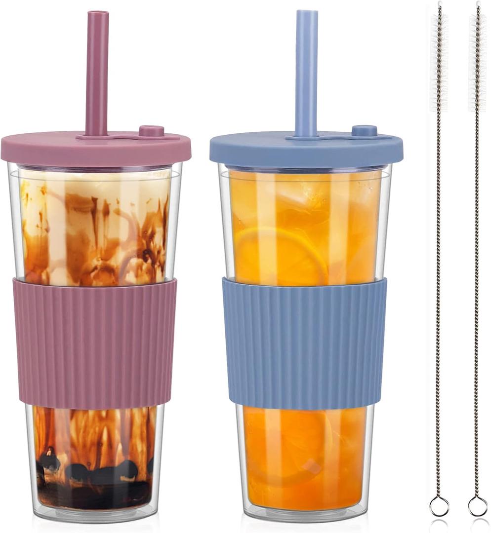 2 Pack Reusable Boba Tea Cups, 24oz Iced Coffee Cup with Straw and Lid, Leakproof Clear Plastic Cups Tumbler, Double Wall Insulated Smoothie Tumbler, Wide Straw for Bubble Tea, Pink and Blue (Grey Blue and Ash Rose)