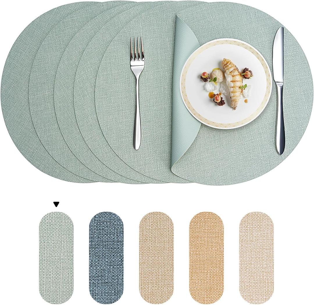 Round Wipeable Placemats Set of 6 Faux Leather Round Table Mats, Waterproof & Washable Vinyl Placemats, Circle Design for Dining Table Decor Sage Green
