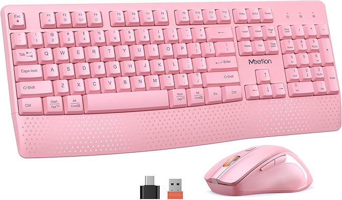 MEETION Wireless Keyboard and Mouse, FullSized Cordless Keyboard with Wrist Rest, 3 DPI Adjustable Mouse, Keyboard and Mouse Set with 2.4GHz USB Receiver, for PC/Computer/Laptop/Windows/Mac, Pink