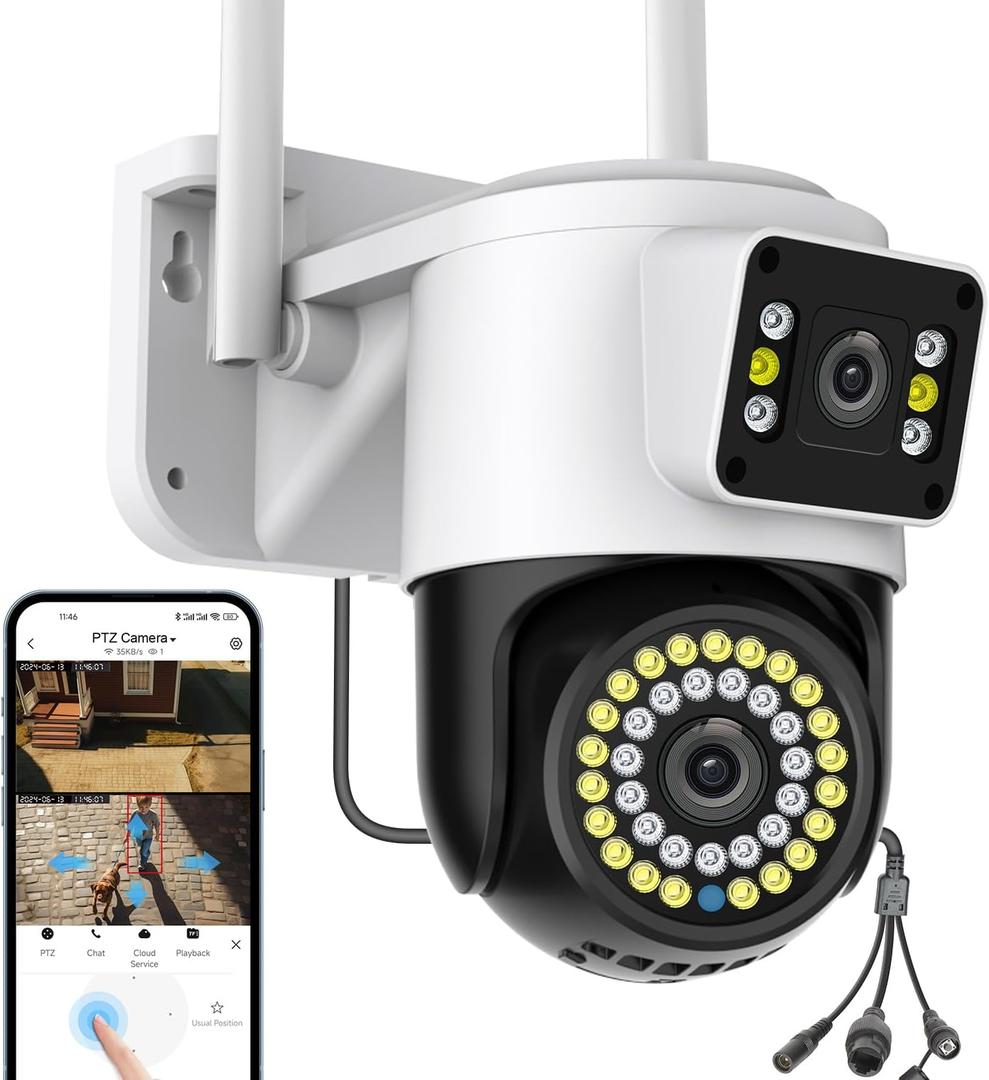 Kinnkall Dual Lens WiFi Outdoor Security Camera, 4MP Pan/Tilt Surveillance, Human Tracking & Detection, Color Night Vision, 355View, SD/Cloud, 24/7 Record, 2.4G Wi-Fi, Works with Mobile Apps & PCs
