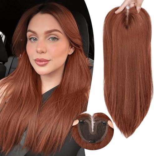 Eawwii Copper Synthetic Hair Toppers for Women with Thinning 5x6 inch Large Base Coverage Clip in Wispy Bangs Upgraded Adjustable Bandage 24 Inch Long Layered