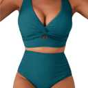 Herseas Women's Textured Bikini Sets Twist Front Top Swimsuits High Waisted Bathing Suits (Green, M)