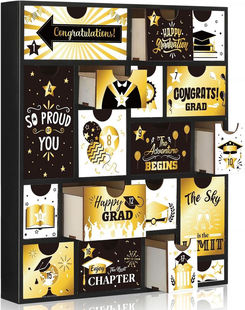 Novabright 18 Days Graduation Countdown Calendar Gift Box Wooden 2026 Empty Fillable Advent Calendar with 18 Drawers Reusable Creative Surprise Gift Box for Grad, Gifts Not Included(Black Gold)