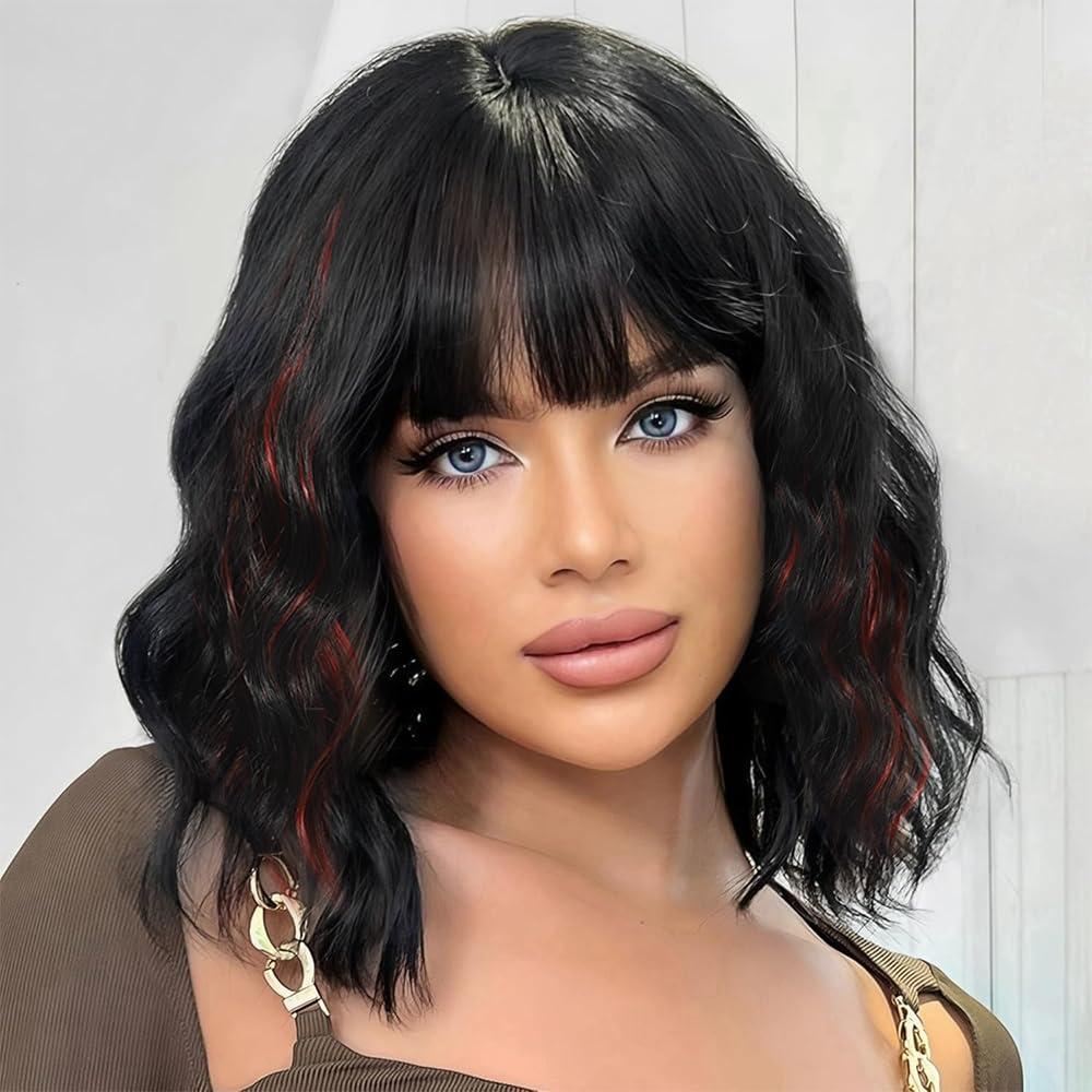 Short Curly Wigs with Bangs for Women 14 Inches Wavy Bob Wig Synthetic Heat Resistant Fiber Wigs (2H113#)