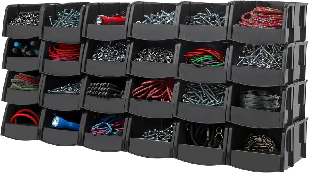 IRIS USA Stackable Storage Bins Open Front, 24 Pack, Plastic Hanging Organizer Caddy Basket for Hardware Crafts, Small Parts, Nuts and Bolts, Garage Tool Storage, Extra Small, Black