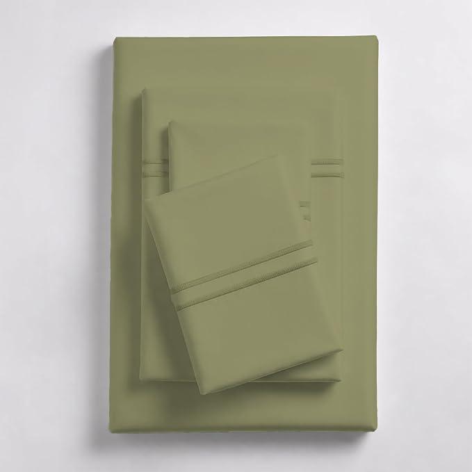 Linen Home 100% Cotton Marrow Percale Sheets California King Size, Oil Green, Deep Pocket, 4 Pieces Set- 1 Flat, 1 Fitted and 2 Pillowcases, Crisp Cool and Long Staple Strong Bed Linen