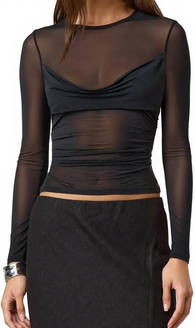 Women Sheer Mesh Top Long Sleeve Y2k See Through Crop Tee Shirt Ruched Cowl Neck Going Out Tops (US, Alpha, Small, Black)