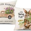 Spring Easter Pillow Covers 18x18 Set of 2 Rabbit Bunny Carrot Truck Spring Flowers Decorative Throw Pillow Covers for Home Office Sofa Bed Couch