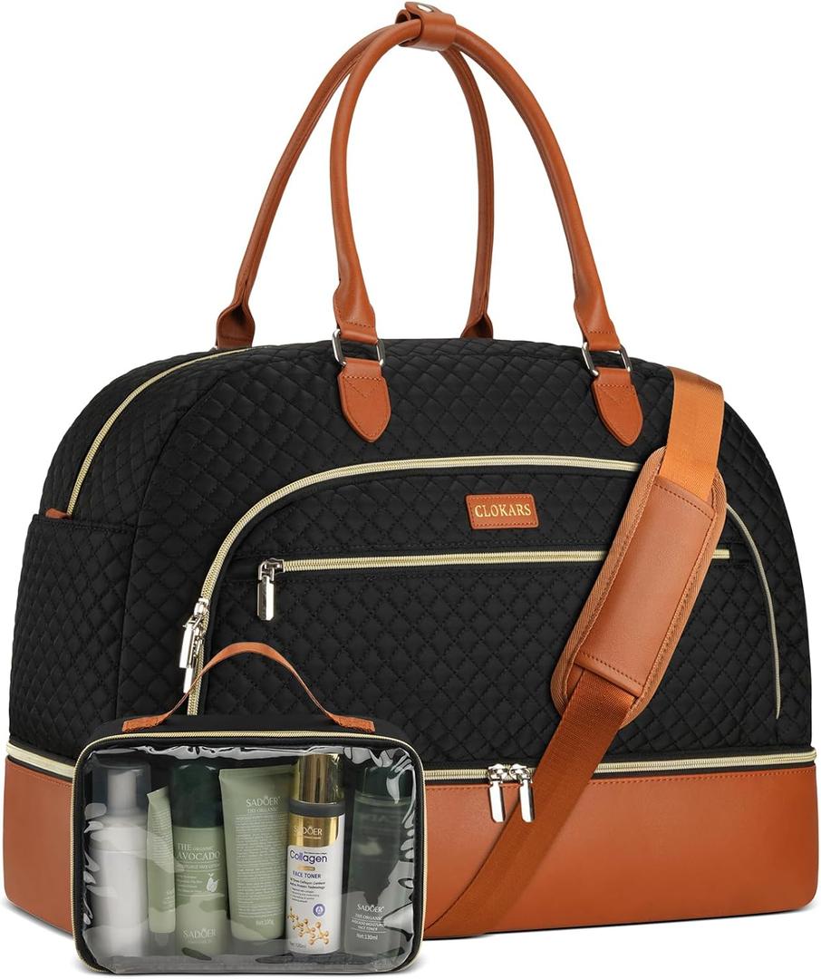 Weekender Bags for Women, Large Travel Duffel Bag Carry on Overnight Bag with Shoe Compartment and Toiletry Bag for Travel Business Gym Hospital, Black Brown