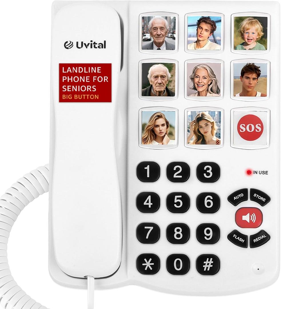 Uvital Big Button Phone for Seniors, Corded Landline Phones for Seniors with 8 One-Touch Dialing Big Buttons and 1 SOS Emergency Button, Hands-Free, Loud Ringer, Easy to Use