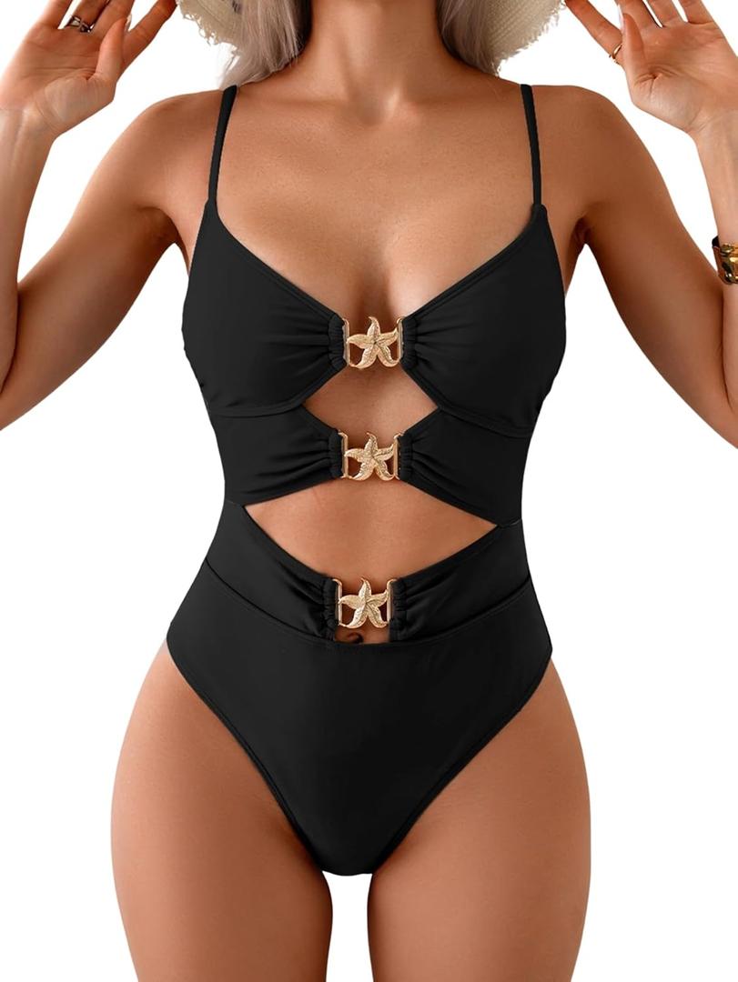 Eomenie One Piece Swimsuit for Women Cutout Monokini Sexy Bathing Suit Metal Swim Suit (Large, Black and Golden Metal)