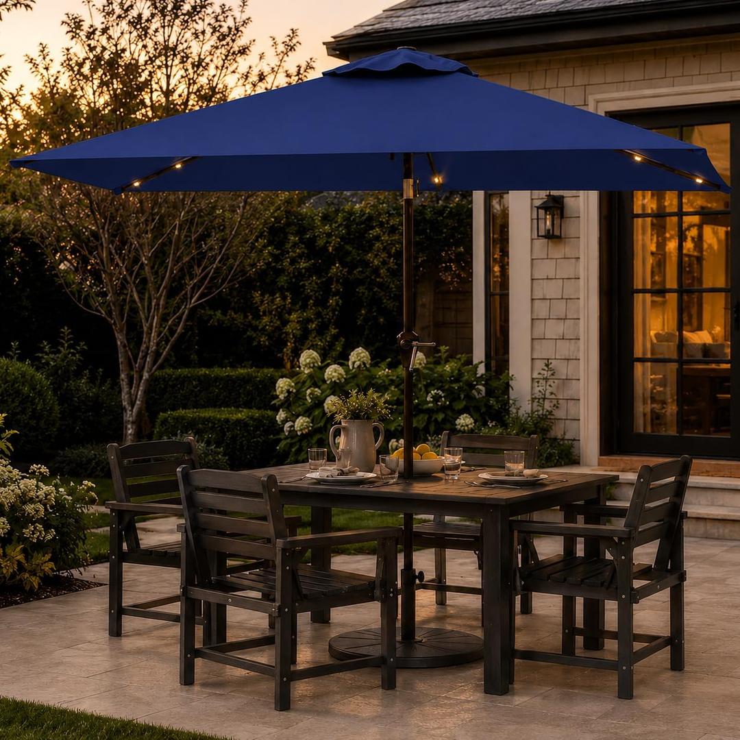 6.5 x 10ft Rectangular Patio Umbrella with Solar Lights, 16 LED Lighted Market Umbrella with Push-Button Tilt and Crank, 6 Sturdy Iron Ribs for Garden, Deck, Pool, Navy Blue
