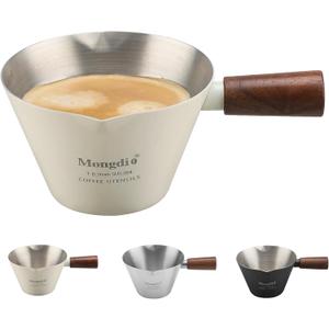 Mongdio Espresso Measuring Cup, Stainless Steel Espresso Shot Cups with Wooden Handle and Double Spouts, 3.4OZ/100ML, White