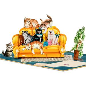 2 x Lovely Funny Cats Pop Up Card, Crazy, Humorous Cats on Sofa, Living Room, Cat Themed, 3D Greeting Card, Gift for Birthday, Valentines, Mothers Day, 5x7 - Includes Envelope And Message Note
